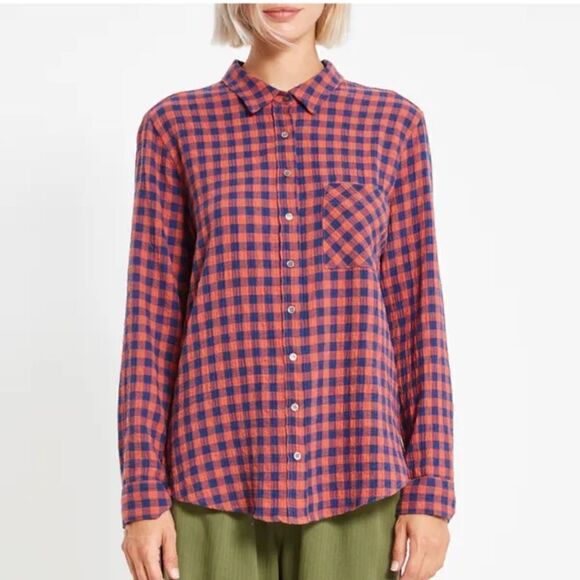 New XIRENA Ashton Shirt | Burgundy Red/Blue Gingham Small - Picture 1 of 14